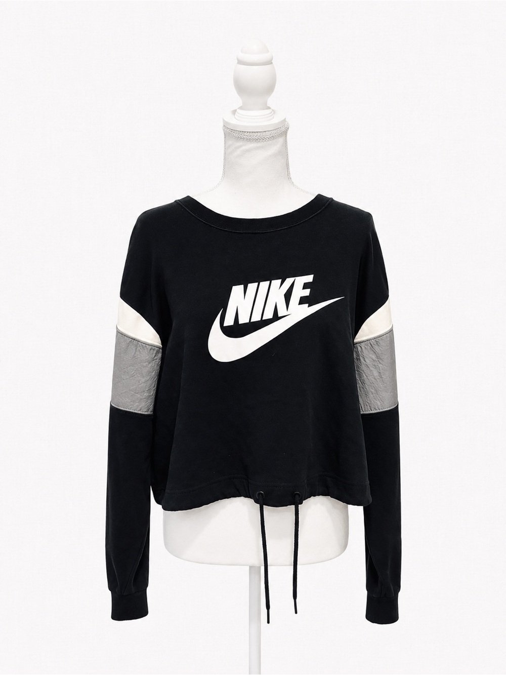 Nike Black Pullover Sweatshirt with White Logo and Gray/White Sleeve Panels